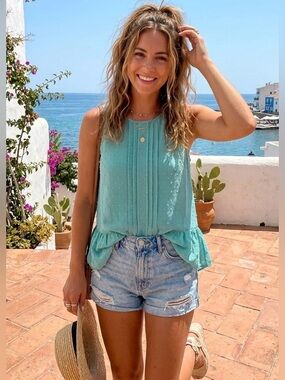 NWT Elle Green Ruffled Peplum Tank Top Zipper Back Flowy Sheer Feminine Vacation
